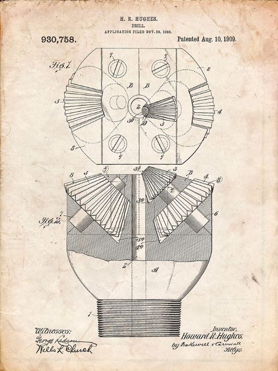 Picture of PP410-VINTAGE PARCHMENT HOWARD HUGHES OIL DRILL PATENT POSTER