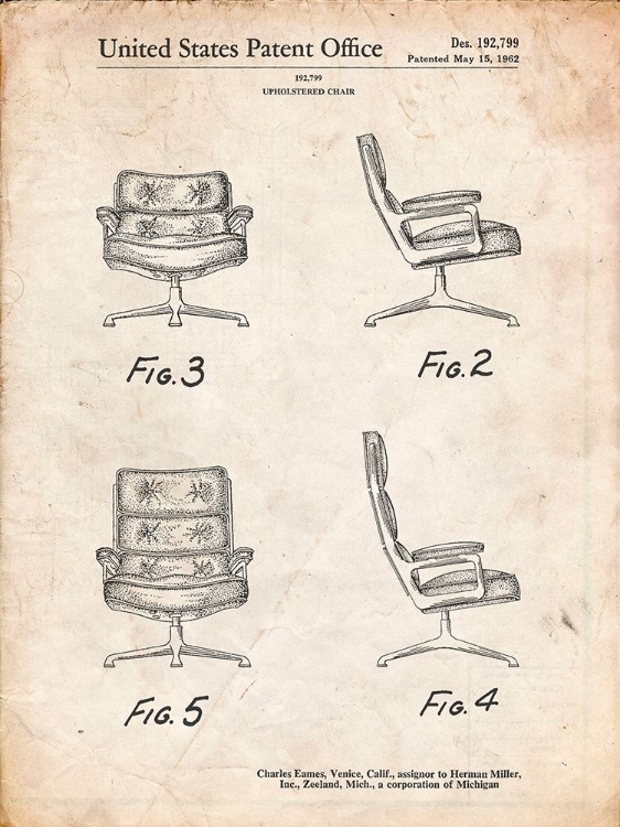 Picture of PP421-VINTAGE PARCHMENT EAMES UPHOLSTERED CHAIR PATENT POSTER