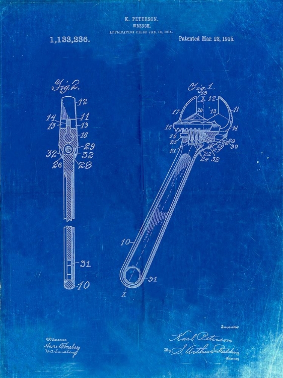 Picture of PP437-FADED BLUEPRINT CRECENT WRENCH 1915 PATENT POSTER