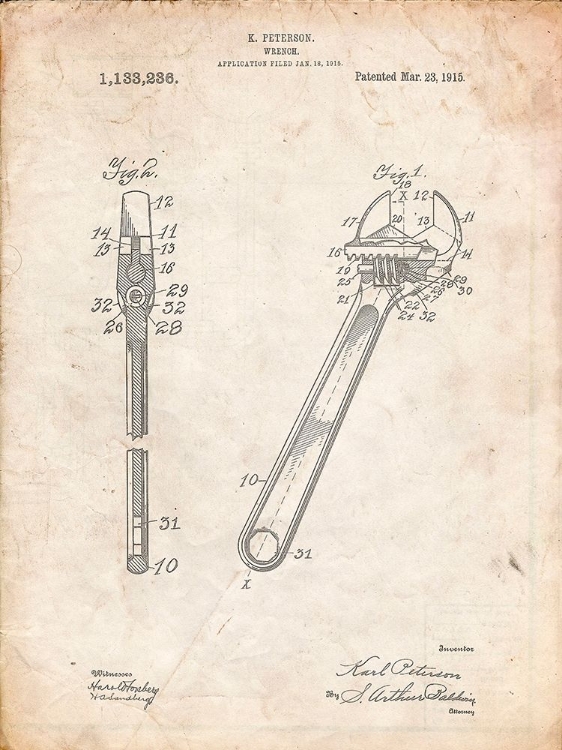 Picture of PP437-VINTAGE PARCHMENT CRECENT WRENCH 1915 PATENT POSTER