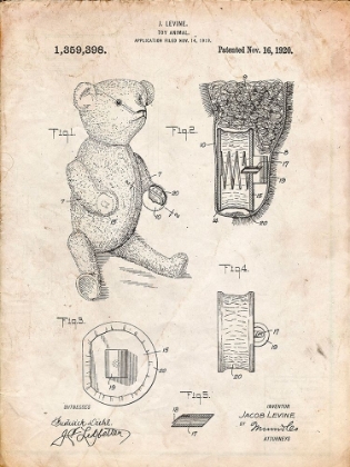 Picture of PP452-VINTAGE PARCHMENT WHISTLE TEDDY BEAR 1919 PATENT POSTER