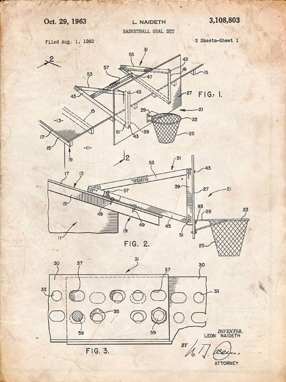 Picture of PP454-VINTAGE PARCHMENT BASKETBALL ADJUSTABLE GOAL 1962 PATENT POSTER