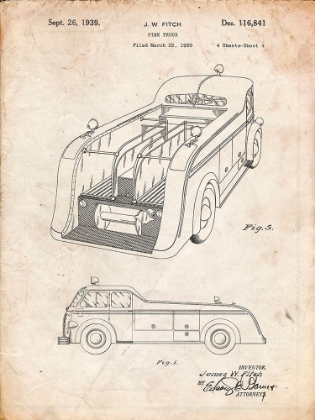 Picture of PP462-VINTAGE PARCHMENT FIRETRUCK 1939 TWO IMAGE PATENT POSTER