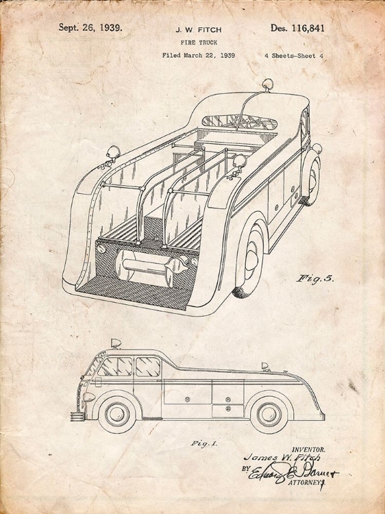 Picture of PP462-VINTAGE PARCHMENT FIRETRUCK 1939 TWO IMAGE PATENT POSTER