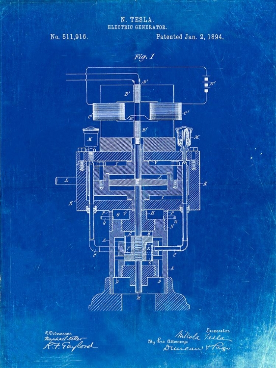Picture of PP463-FADED BLUEPRINT TESLA ELECTRIC GENERATOR POSTER