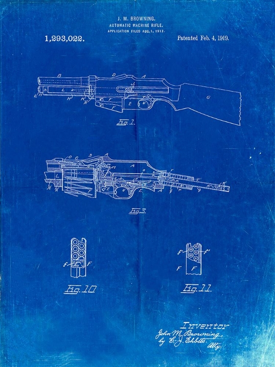 Picture of PP469-FADED BLUEPRINT M1919 BROWNING AUTOMIC RIFLE PATENT POSTER 