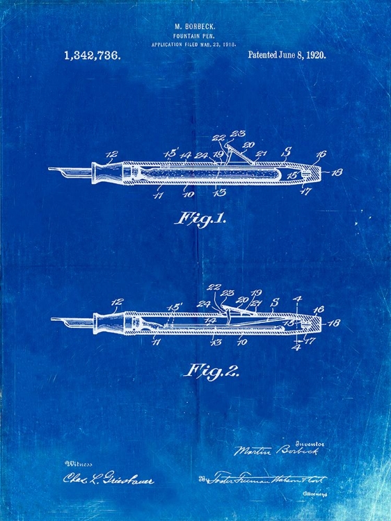 Picture of PP486-FADED BLUEPRINT HOUSTON FOUNTAIN PEN COMPANY 1920 PATENT POSTER