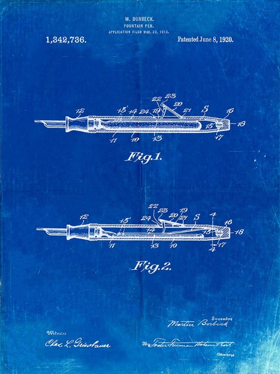 Picture of PP486-FADED BLUEPRINT HOUSTON FOUNTAIN PEN COMPANY 1920 PATENT POSTER