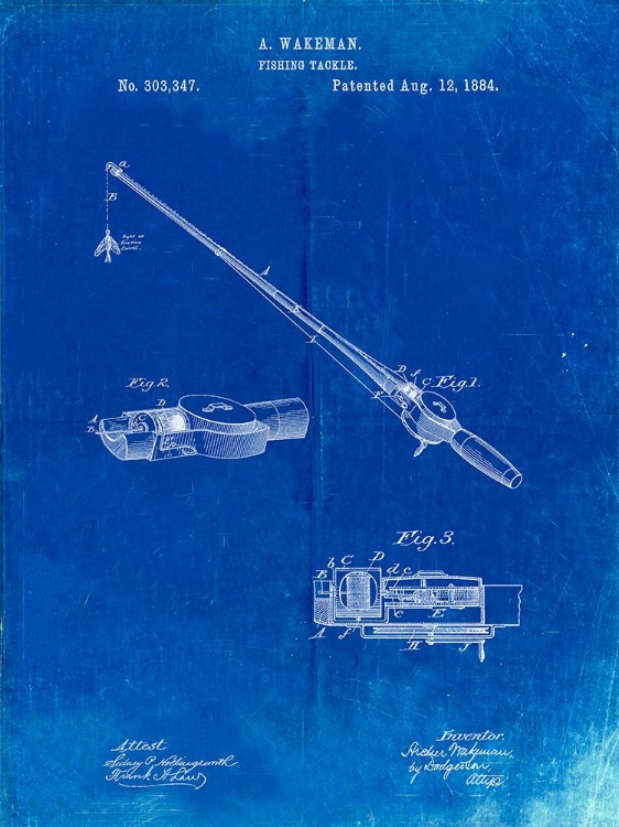 Picture of PP490-FADED BLUEPRINT FISHING ROD AND REEL 1884 PATENT POSTER