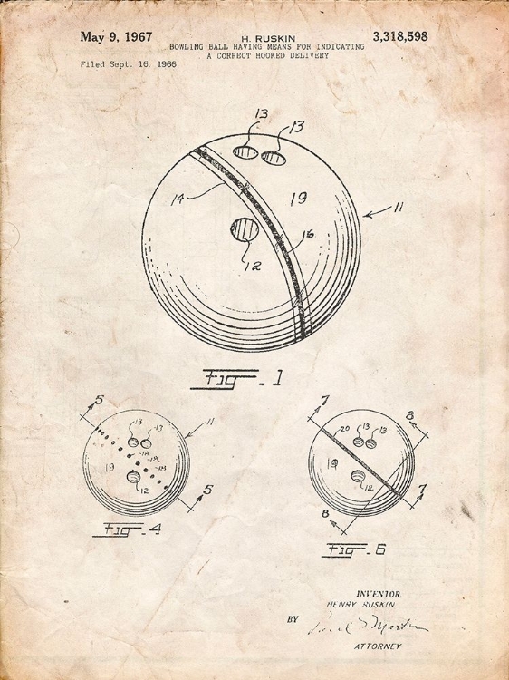 Picture of PP493-VINTAGE PARCHMENT BOWLING BALL 1967 PATENT POSTER