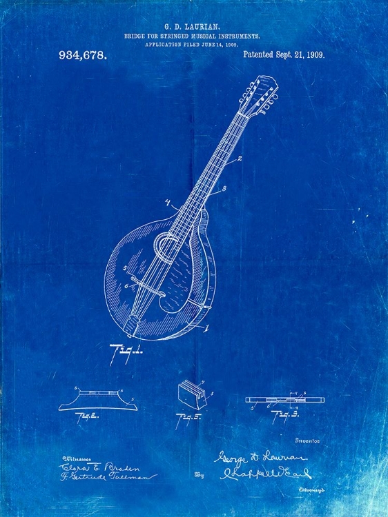 Picture of PP499-FADED BLUEPRINT GIBSON MANDOLIN BRIDGE PATENT POSTER