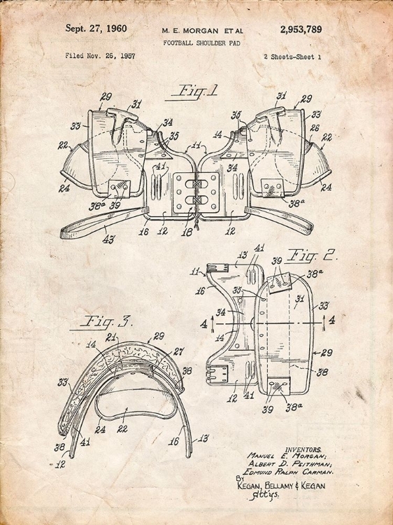 Picture of PP504-VINTAGE PARCHMENT VINTAGE FOOTBALL SHOULDER PADS PATENT POSTER