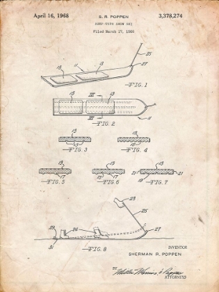 Picture of PP508-VINTAGE PARCHMENT SNURFER POPPEN FIRST MODERN SNOWBOARD PATENT POSTER