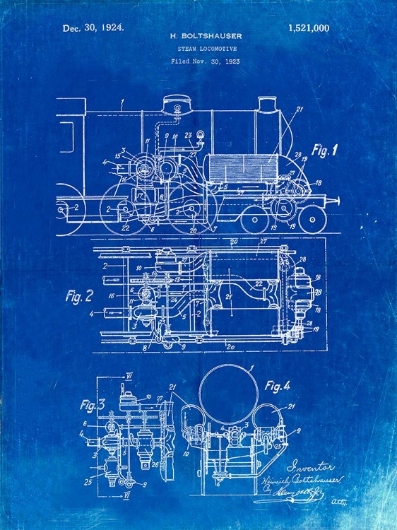 Picture of PP516-FADED BLUEPRINT STEAM TRAIN LOCOMOTIVE PATENT POSTER