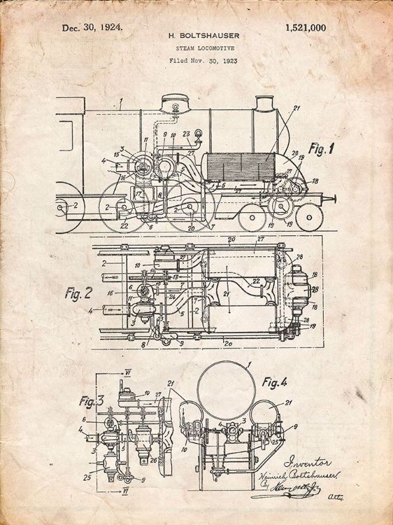 Picture of PP516-VINTAGE PARCHMENT STEAM TRAIN LOCOMOTIVE PATENT POSTER