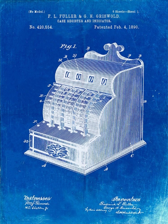 Picture of PP531-FADED BLUEPRINT VINTAGE CASH REGISTER 1890 PATENT POSTER