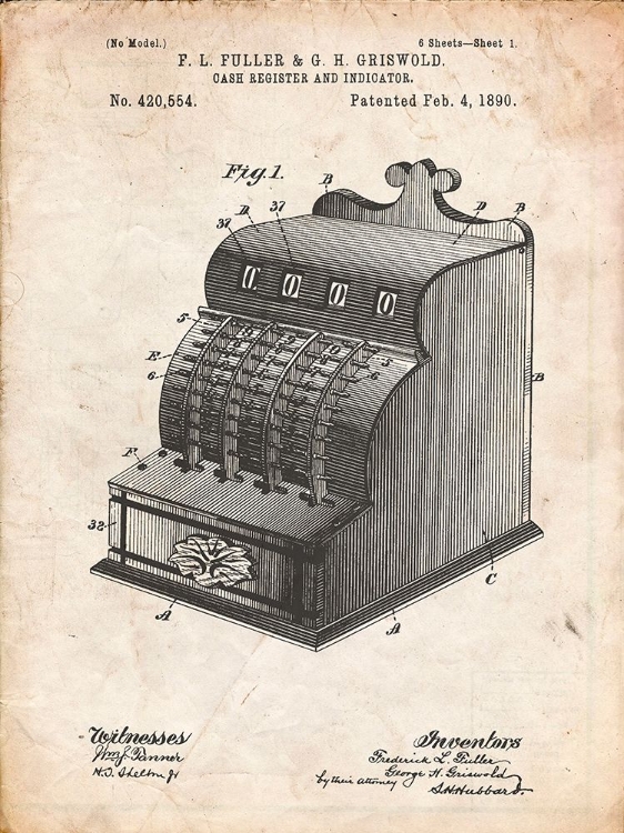 Picture of PP531-VINTAGE PARCHMENT VINTAGE CASH REGISTER 1890 PATENT POSTER