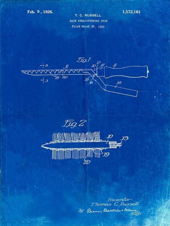 Picture of PP595-FADED BLUEPRINT CURLING IRON 1925 PATENT POSTER