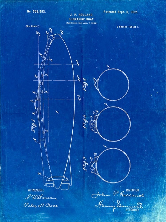 Picture of PP602-FADED BLUEPRINT HOLLAND 1 SUBMARINE PATENT POSTER