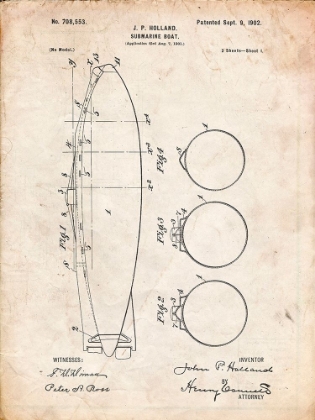 Picture of PP602-VINTAGE PARCHMENT HOLLAND 1 SUBMARINE PATENT POSTER