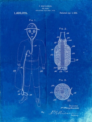 Picture of PP607-FADED BLUEPRINT GAS MASK 1918 PATENT POSTER