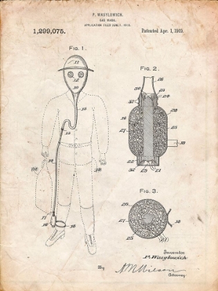 Picture of PP607-VINTAGE PARCHMENT GAS MASK 1918 PATENT POSTER