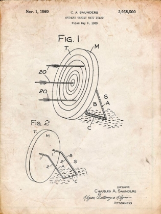 Picture of PP613-VINTAGE PARCHMENT ARCHERY TARGET AND STAND PATENT POSTER