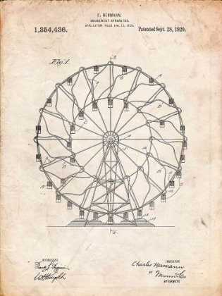 Picture of PP615-VINTAGE PARCHMENT FERRIS WHEEL 1920 PATENT POSTER