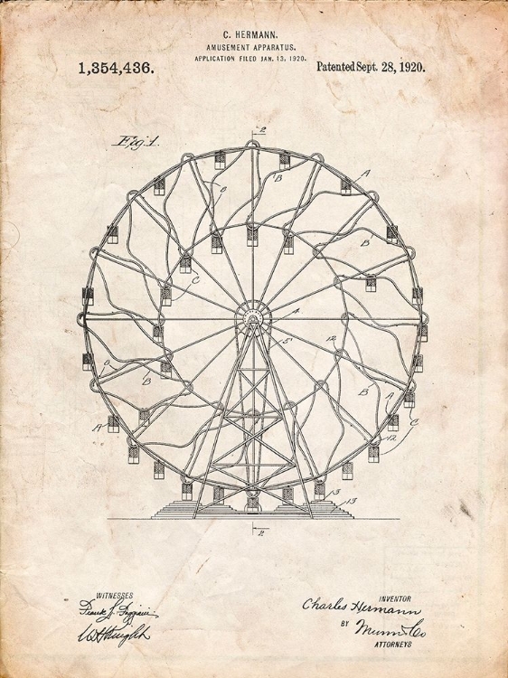 Picture of PP615-VINTAGE PARCHMENT FERRIS WHEEL 1920 PATENT POSTER