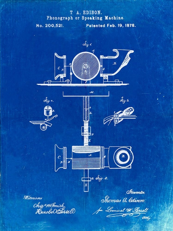 Picture of PP622-FADED BLUEPRINT T. A. EDISON PHONOGRAPH PATENT POSTER