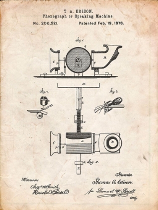 Picture of PP622-VINTAGE PARCHMENT T. A. EDISON PHONOGRAPH PATENT POSTER