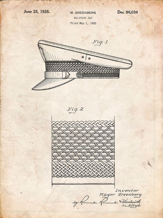 Picture of PP623-VINTAGE PARCHMENT MILITARY HAT 1935 PATENT POSTER