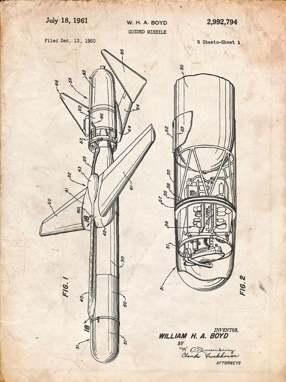 Picture of PP624-VINTAGE PARCHMENT COLD WAR ERA GUIDED MISSILE PATENT POSTER