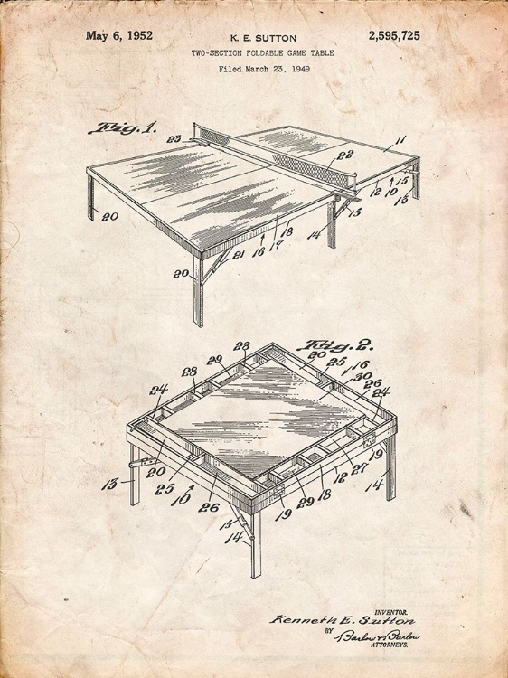 Picture of PP629-VINTAGE PARCHMENT PING PONG TABLE PATENT POSTER