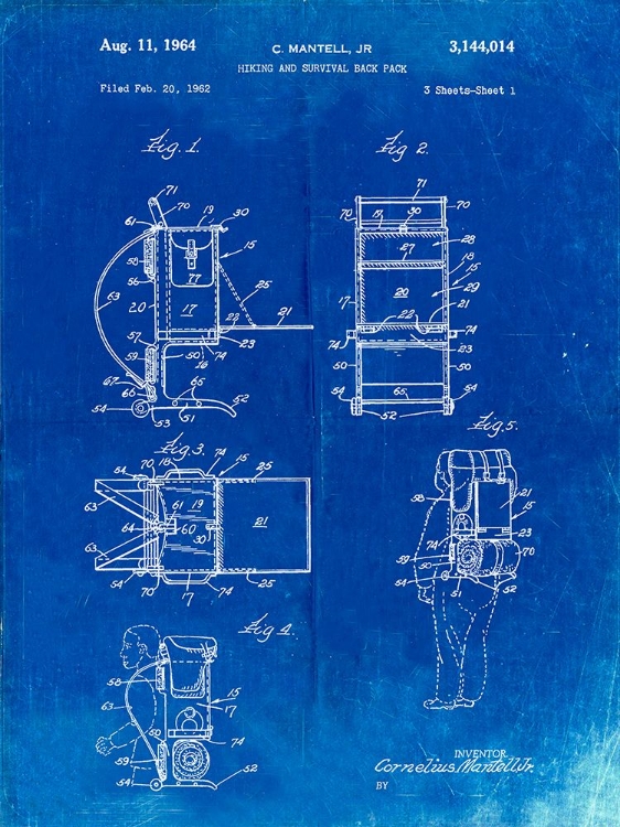 Picture of PP632-FADED BLUEPRINT FRAMED HIKING PACK PATENT POSTER