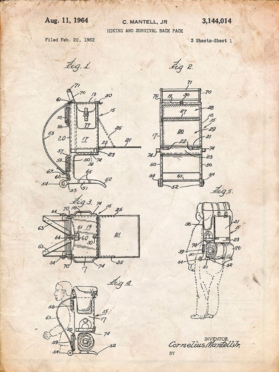 Picture of PP632-VINTAGE PARCHMENT FRAMED HIKING PACK PATENT POSTER