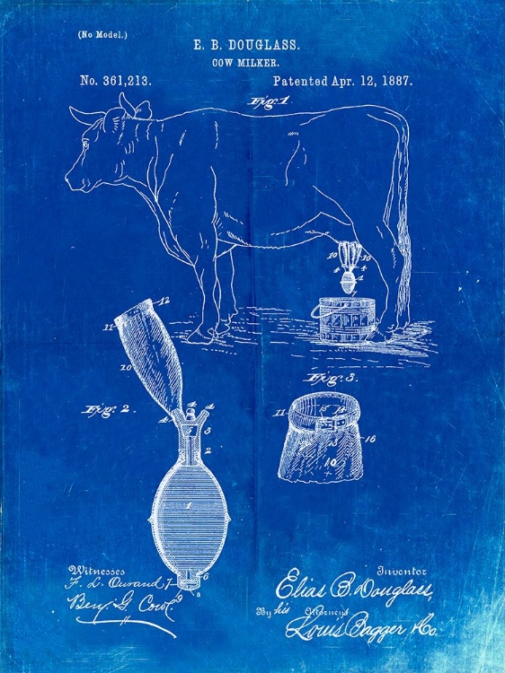 Picture of PP639-FADED BLUEPRINT COW MILKER 1887 PATENT POSTER