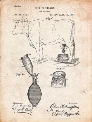 Picture of PP639-VINTAGE PARCHMENT COW MILKER 1887 PATENT POSTER