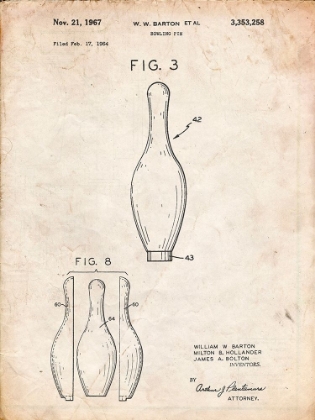 Picture of PP641-VINTAGE PARCHMENT BOWLING PIN 1967 PATENT POSTER