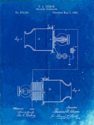 Picture of PP644-FADED BLUEPRINT EDISON SPEAKING TELEGRAPH PATENT POSTER