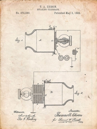 Picture of PP644-VINTAGE PARCHMENT EDISON SPEAKING TELEGRAPH PATENT POSTER