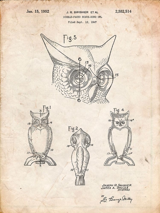 Picture of PP647-VINTAGE PARCHMENT OWL BIRD OF PREY PATENT POSTER