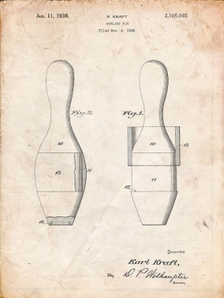 Picture of PP653-VINTAGE PARCHMENT BOWLING PIN 1938 PATENT POSTER