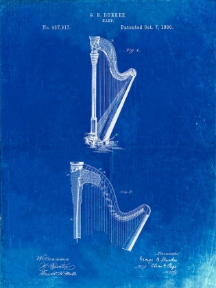 Picture of PP662-FADED BLUEPRINT HARP INSTRUMENT 1890 PATENT POSTER