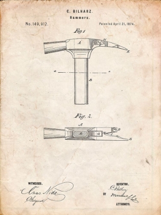 Picture of PP689-VINTAGE PARCHMENT CLAW HAMMER 1874 PATENT POSTER