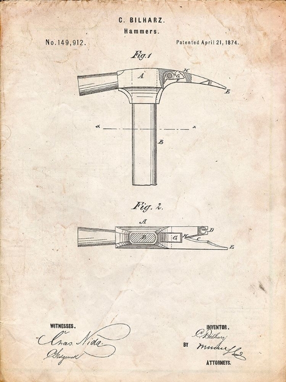 Picture of PP689-VINTAGE PARCHMENT CLAW HAMMER 1874 PATENT POSTER