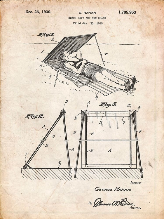 Picture of PP723-VINTAGE PARCHMENT BEACH SHADE 1929 PATENT WALL ART POSTER