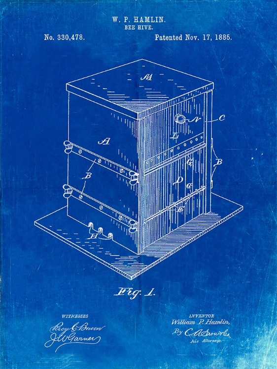 Picture of PP724-FADED BLUEPRINT BEE HIVE EXTERIOR PATENT POSTER