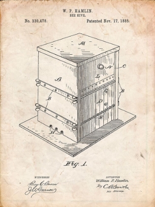 Picture of PP724-VINTAGE PARCHMENT BEE HIVE EXTERIOR PATENT POSTER