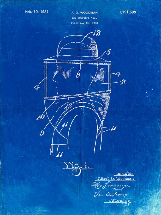Picture of PP726-FADED BLUEPRINT BEE KEEPER HAT AND VEIL PATENT POSTER